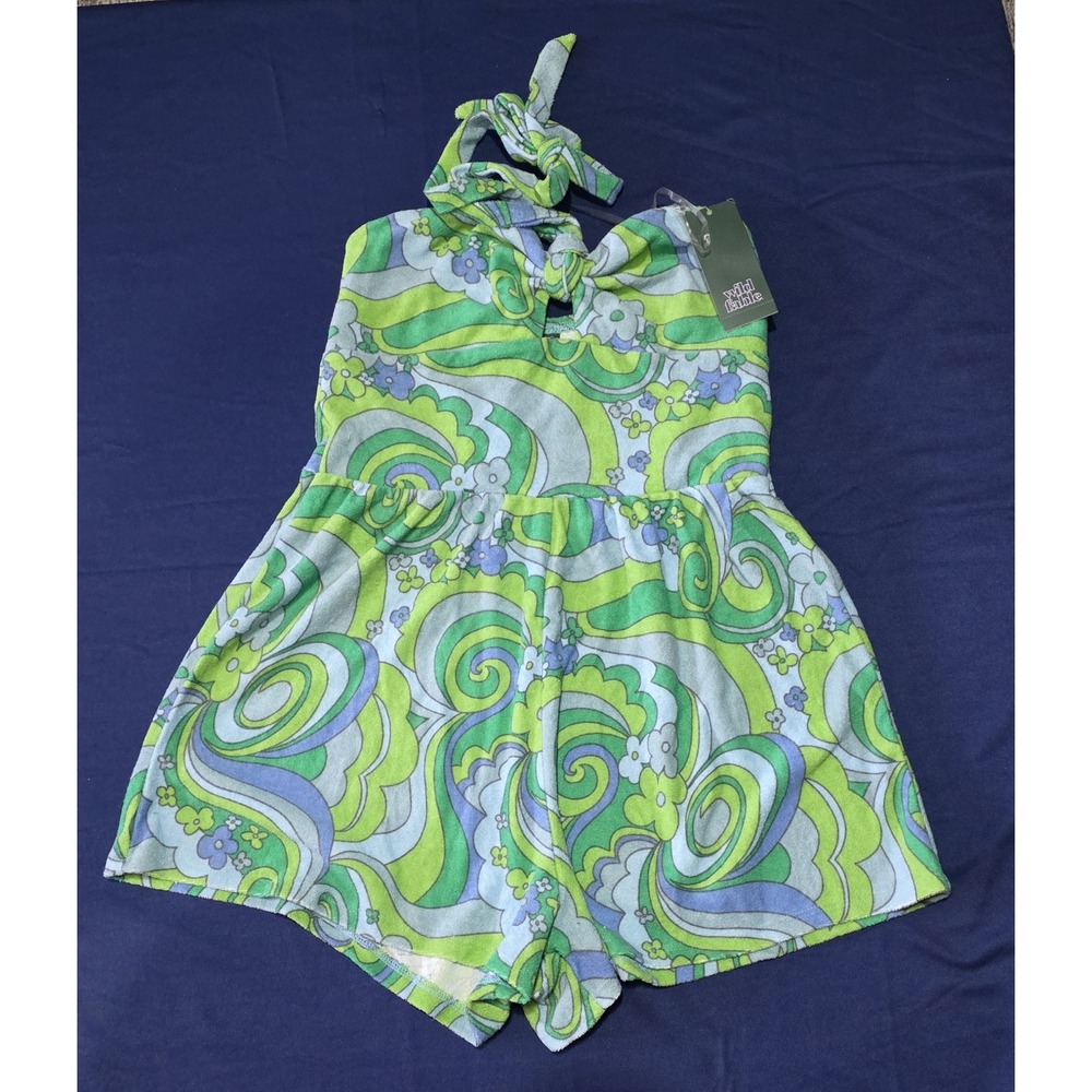 Wild Fable XS Green Blue Psychedelic Floral Terry Cloth Halter Romper NWT